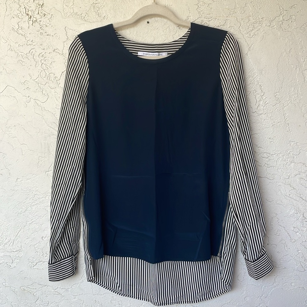 Diane Von Furstenberg Silk Navy & White Striped Long Sleeve Blouse Women's Sz 6